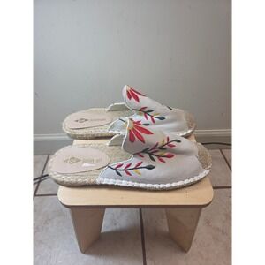 Jolimall‎ Womens Floral Embroidered Canvas Espadrille Mules Cream Size 10